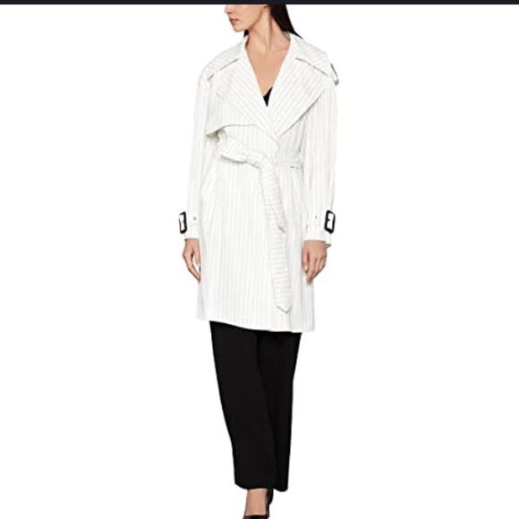 BCBG maxazria pinstripe white trench coat with belt black white aurora size M - Picture 2 of 12